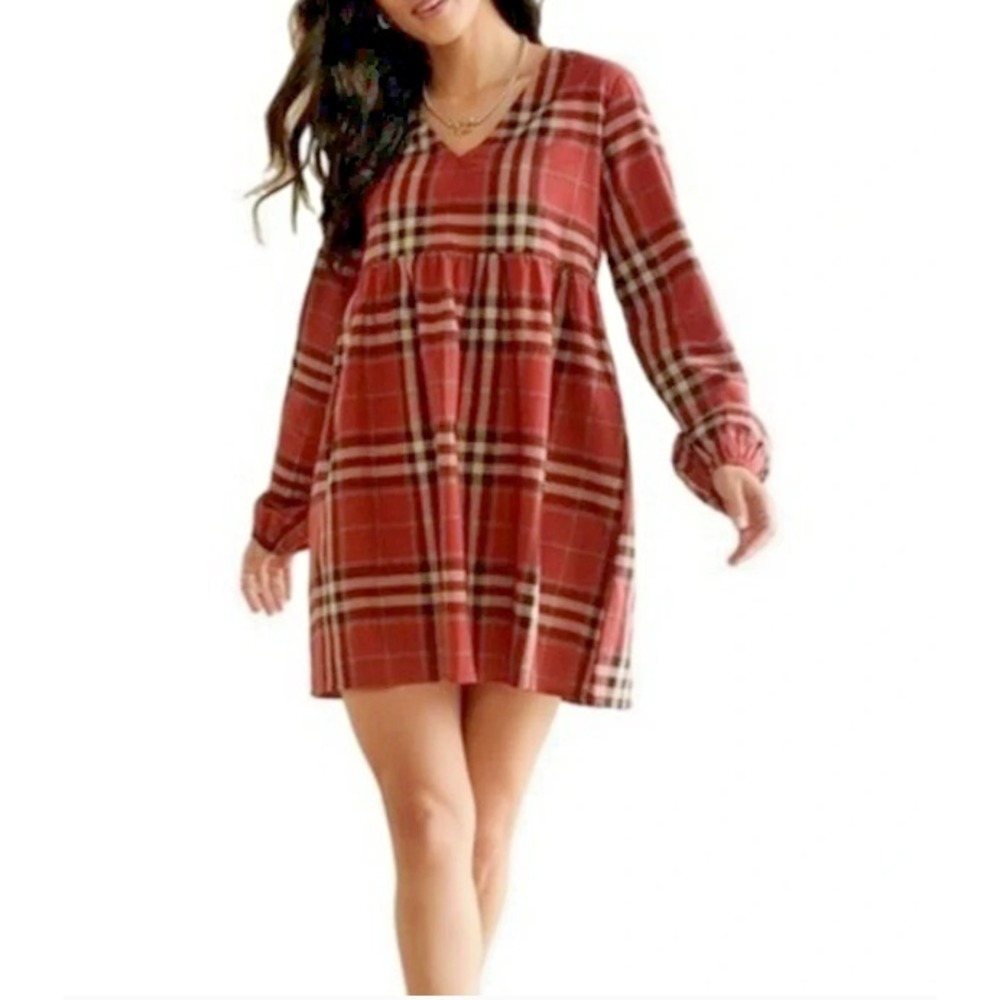 Mi Ami for Francesca's Red Plaid Babydoll Mini Dress V-Neck Long Sleeve XL